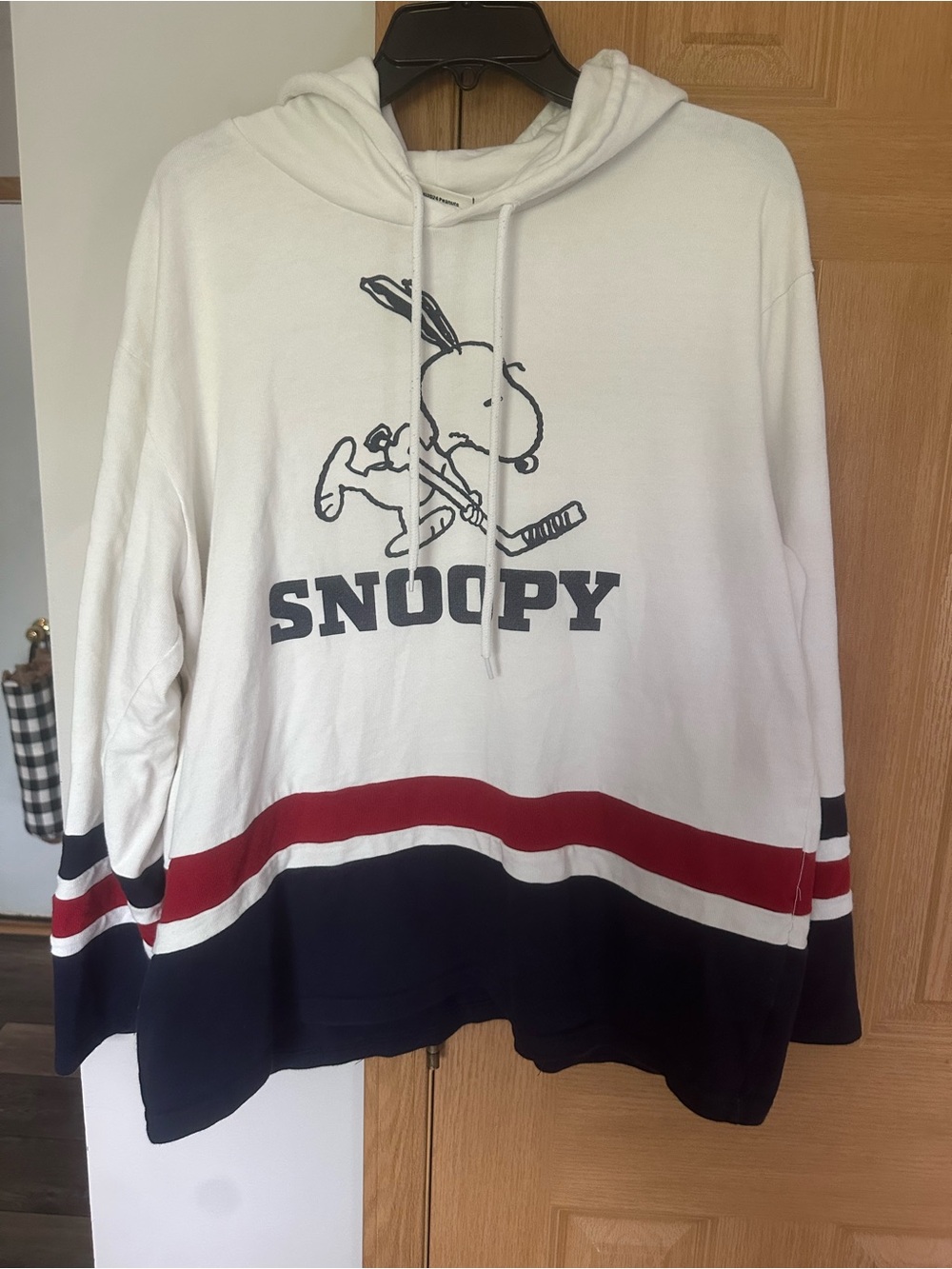 Aeropostale White Snoopy Hoodie with Red and Navy Stripes